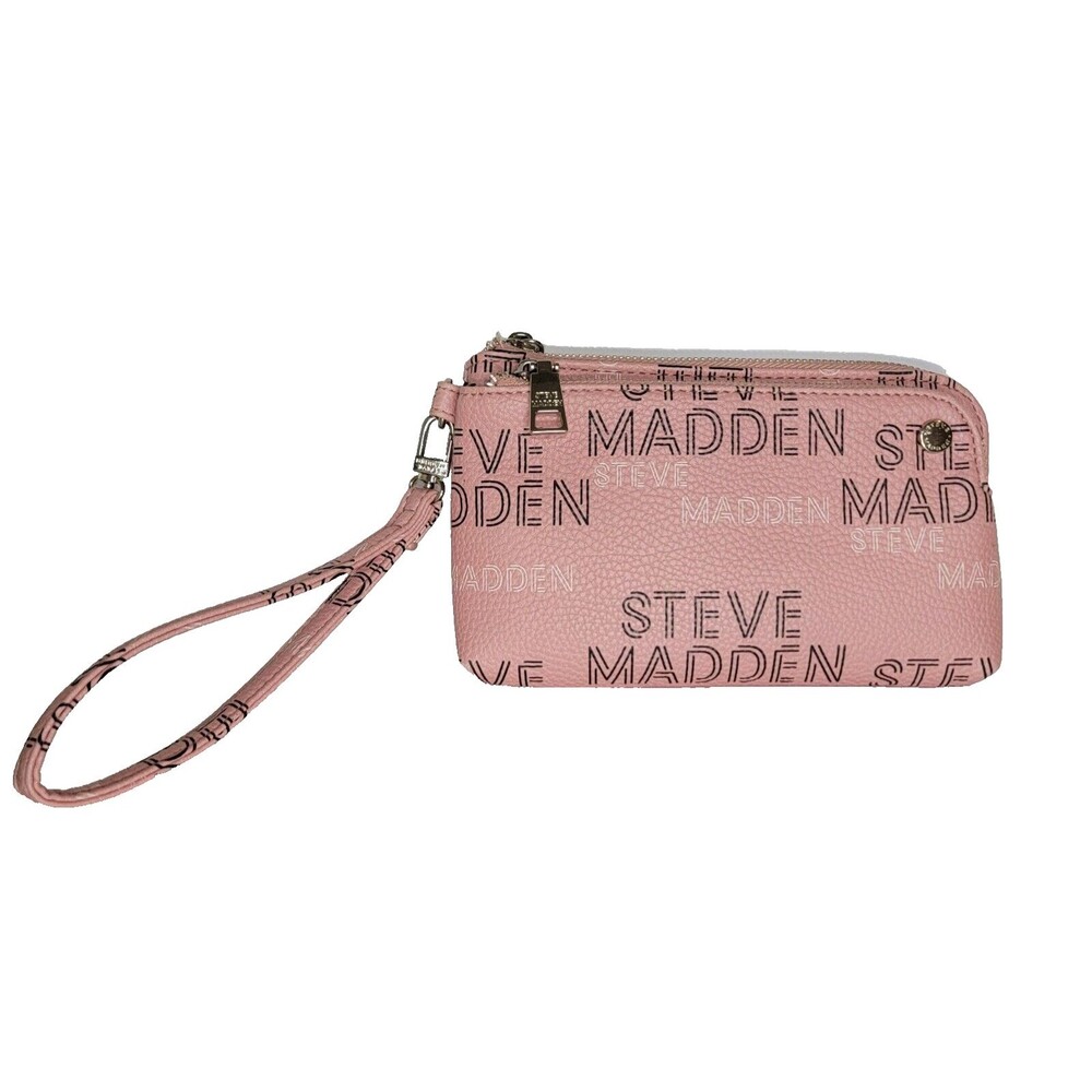 STEVE MADDEN Dual Zip Multi-colored Logo Pink Blush Wristlet 8x5 - Picture 3 of 6